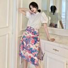 Puff-sleeve Blouse / Printed Midi A-line Skirt