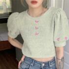 Short-sleeve Round-neck Cropped Knit Top Light Green - One Size