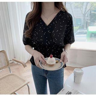 Elbow-sleeve Heart Patterned Frill Trim Top