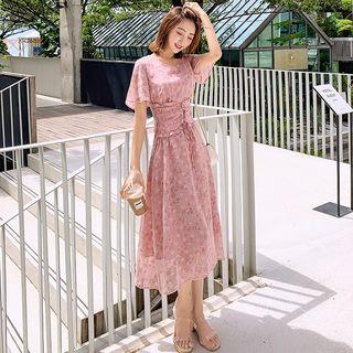 Short-sleeve Flower Embroidered Midi A-line Dress