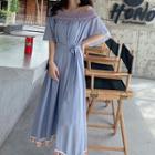Embroidered Tassel Detail Off-shoulder Midi A-line Dress