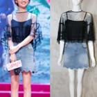 Lace Cape With Camisole/scalloped-hem Denim Skirt