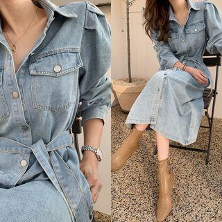 Puff-sleeve Long Denim Shirtdress With Belt