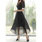 Laced-collar Dotted Maxi Flare Dress