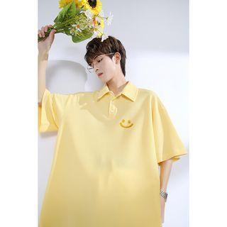 Elbow-sleeve Smiley Face Print Polo Shirt
