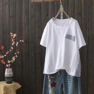 Short-sleeve Striped Panel T-shirt White - One Size