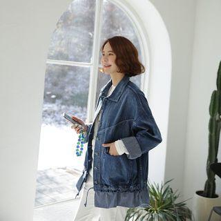 Drawstring-hem Stripe-trim Denim Jacket Blue - One Size