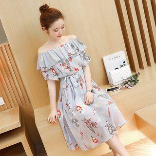 Off-shoulder Printed Ruffled Midi Dress