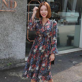 V-neck Floral Print A-line Dress