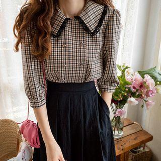 Lace-trim Double-breasted Plaid Blouse Black - One Size