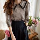 Lace-trim Double-breasted Plaid Blouse Black - One Size