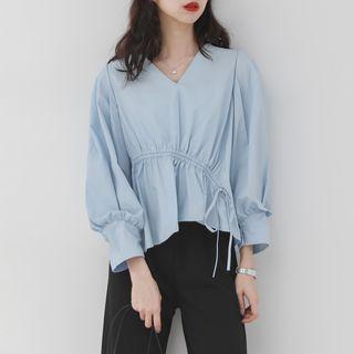 V-neck Drawstring Irregular Long-sleeved Shirt