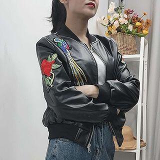 Flower Embroidered Zip Bomber Jacket