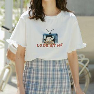 Ruffle Trim Cartoon Print T-shirt