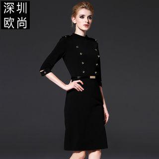 Elbow-sleeve Double-breasted Sheath Dress