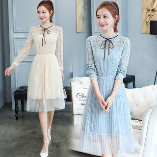 Ribbon Long-sleeve A-line Midi Lace Dress