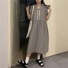 Short-sleeve Gingham Midi A-line Dress Dress - One Size