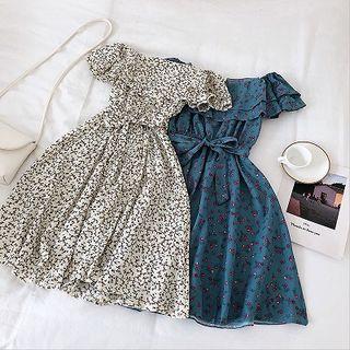 Floral Off-shoulder Ruffled-trim Dress