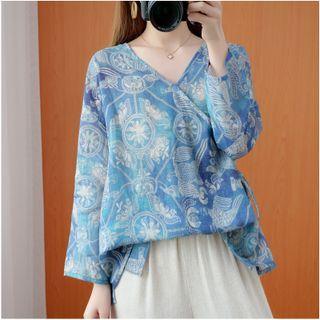 V-neck Tie-strap Print Blouse