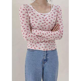 Contrast-piping Floral T-shirt & Cami Set