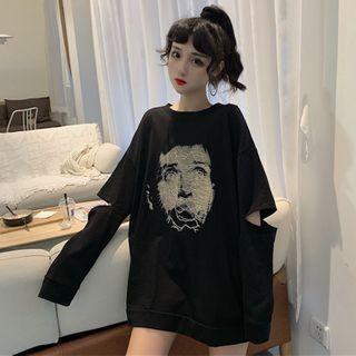 Face Print Cutout Long-sleeve T-shirt