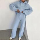 Set: Long Sleeve Knitted Hoodie + Wide-leg Pants