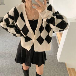 Argyle Cropped Cardigan Black & White - One Size