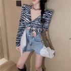 Zebra Print Drawstring Long-sleeve T-shirt