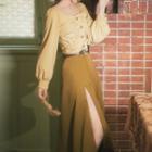 Set: Buttoned Square-neck Blouse + Side-slit Midi A-line Skirt