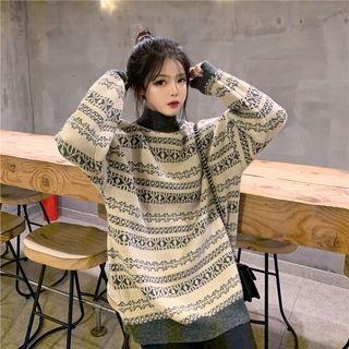 Mock Neck Patterned Sweater Almond & Gray - One Size