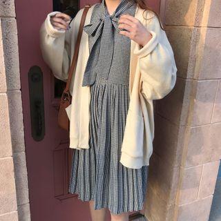 Long-sleeve Pleated Houndstooth A-line Midi Dress / Cardigan