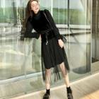 Set: Corduroy Long-sleeve Dress + Velvet Vest