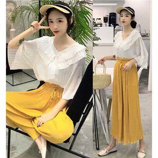 Plain Elbow Sleeve Chiffon Blouse / Drawstring Straight Cut Pants
