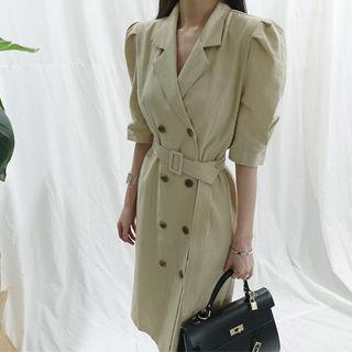 Double-breasted Linen Blend Dress With Belt