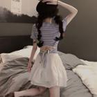 Short-sleeve Striped Bow-back T-shirt / A-line Layered Skirt