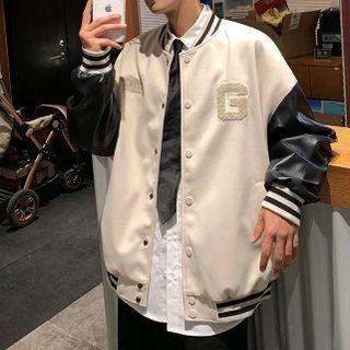 Faux-leather Two Tone Baseball Jacket