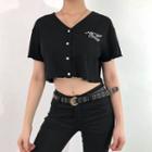 Short-sleeve Letter Embroidered Buttoned Crop Top