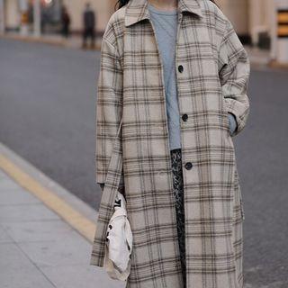Tie-waist Plaid Woolen Coat