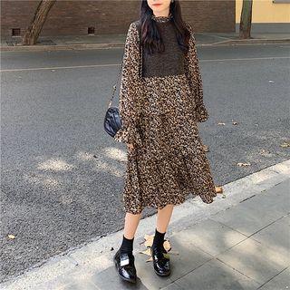 Set: Floral Print Chiffon Dress + Cropped Knit Vest As Shown In Figure - One Size