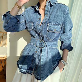 Fray-hem Belted Denim Shirt Blue - One Size