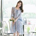 Floral 3/4-sleeve A-line Chiffon Blouse