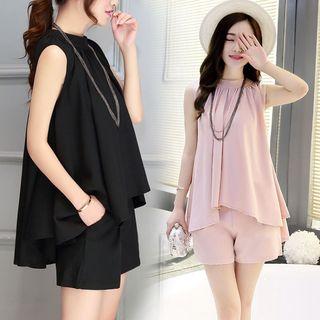 Set: Plain Sleeveless Chiffon Top + Shorts