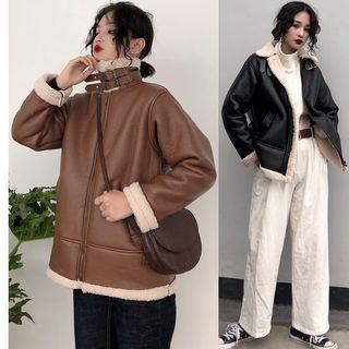 Fleece Trim Faux Leather Zip Jacket
