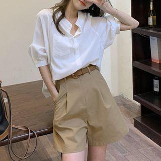 Set: Elbow-sleeve Plain Blouse + High Waist Shorts