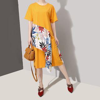 Elbow-sleeve Floral Paneled Midi T-shirt Dress