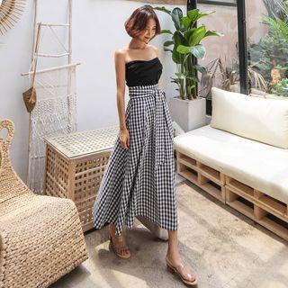 Tie-front Gingham Long Skirt Black & White - One Size