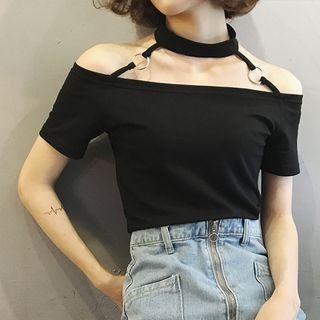 Choker-neck Off-shoulder Short-sleeve T-shirt