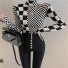 Long-sleeve Mock-neck Checkerboard Knit Top