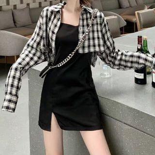 Set: Strappy A-line Dress + Plaid Shirt
