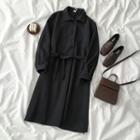 Long-sleeve Sashed Dress Black - One Size